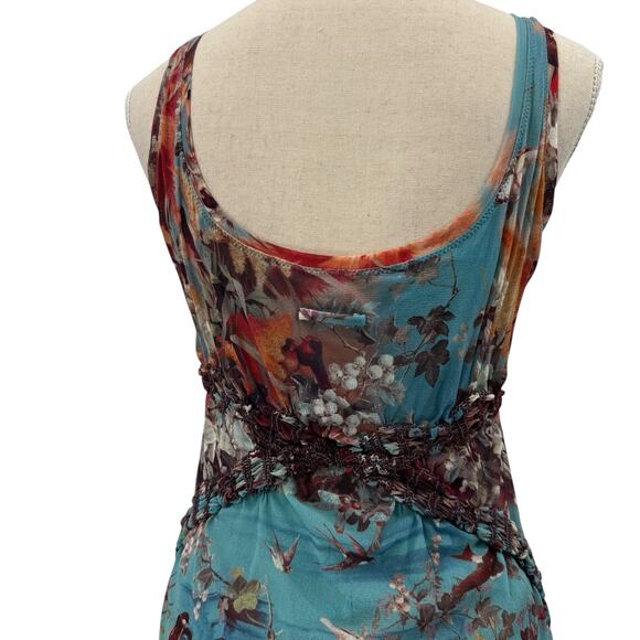 John Paul Gaultier Soleil Maxi Dress M Floral Birds Mesh Sleeveless Smocked Y2K - Picture 7 of 16